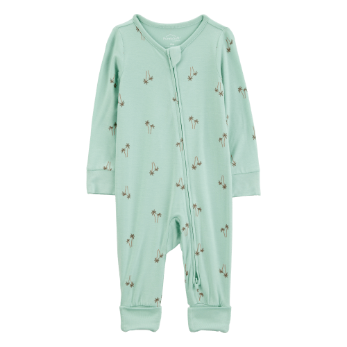 Baby Palm Tree Print 2-Way Zip PurelySoft Convertible Foot Sleep & Play Pajamas - Mint