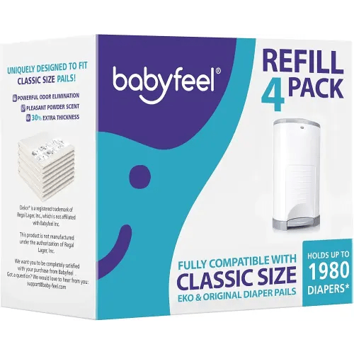 Babyfeel Refills Compatible with DEKOR CLASSIC Diaper Pails | 4 Pack | Exclusive 30% Extra Thickness | Diaper Pail Refills with Powerful Odor Elimination | Powder Scent | Holds up to 1980 Diapers