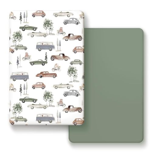 Pack n Play Sheets Fitted 2 Pack, Stretchy Ultra Soft Jersey Knit Pack and Play Sheets, Universal Fitted Portable/Mini Crib Mattresses Snug and Safe, Neutral Pattern of Cars Print