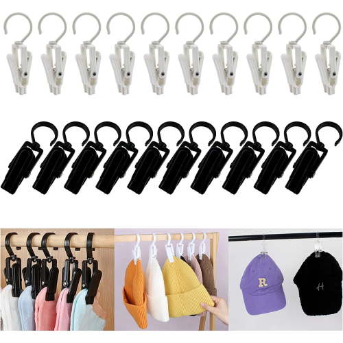 LZLINGMEI 20PCS Laundry Hooks with Clips Super Strong Plastic Home Travel Swivel Hanging Hanger Closet Organizer Clamps Socks Boot Bras Towels for Bathroom Wardrobe Kitchen
