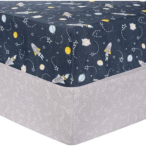 Sammy & Lou Rockets 2-Pack Microfiber Fitted Crib Sheet Set, Fits Standard Crib Mattress 28 in x 52 in; Fully Elasticized,