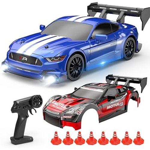 HOLYFUN RC Drift Racing Car Toy for Kids, 4WD 2.4GHz Remote Control Car with 2 Shells, Drift Tires, LED Lights, Extra Drift Tires, 2 Batteries (20 Min)