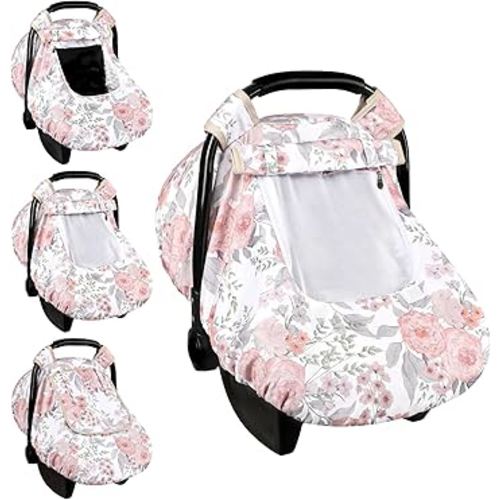 Car Seat Cover Baby, HNHUAMING Infant Car Seat Covers Canopy for Baby Girl Boy, Cozy & Windproof Newborn Carseat Covers Mink Dot Backing Stroller Cover with Breathable Mesh Window, Pink Floral