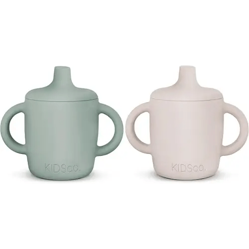 Silicone Sippy Cups with Easy Grip Transition Handles and a Soft Spout for Babies 6+ Months and First year Toddlers, No Spill Unbreakable Training Cup |2-PACK Green and Sandy Shore|