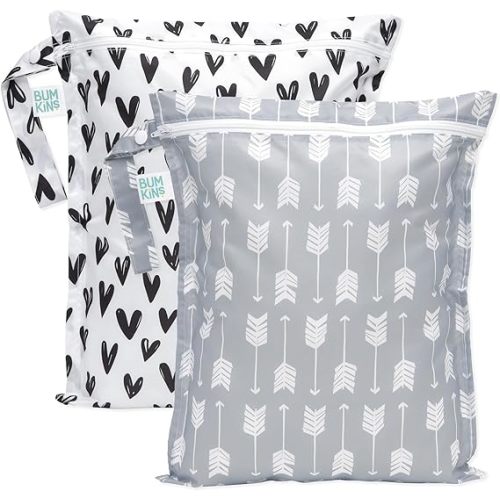 Bumkins - Waterproof Wet Bag - For Baby, Travel, Swim Suit, Cloth Diapers, Pump Parts, Pool, Gym, Toiletry, Strap to Stroller - Reusable & Easy to Clean - 2pk - Arrows & Hearts