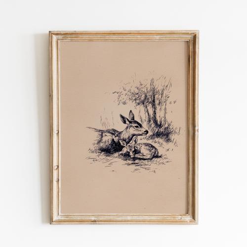 Vintage Mother Deer Sketch Print | Mother & Fawn Print | Rustic Wildlife | Deer Family Artwork | Moody Forest Deer | Peaceful Woodland Scene