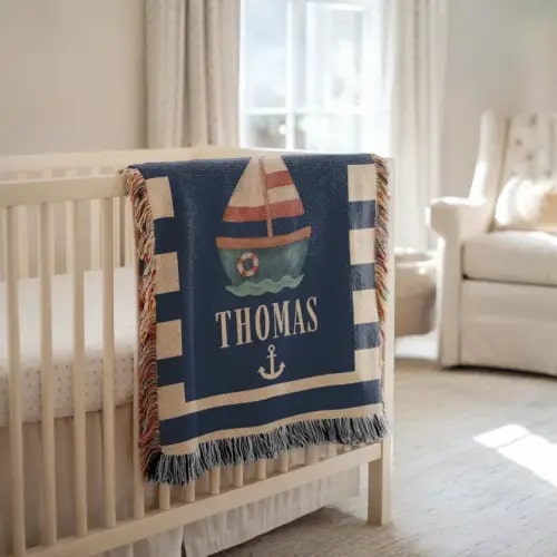 Personalized Nautical Baby Blanket with Name, Sailboat Blanket Boy, Coastal Nursery Decor, Baby Boy Coming Home Blanket Gift Boy Baby Shower
