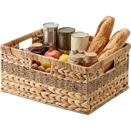 StorageWorks Jumbo Rectangular Wicker Basket, Water Hyacinth and Seagrass Storage Basket with Built-in Handles, 1 Pack