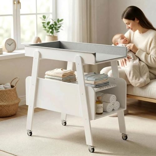 Diaper Changing Station Baby Flat Top Changing Table with Wheels and Changing Pad Nursery Organizer & Storage Rack Mobile Nursery Diaper Changing Table for Baby, Newborn (White)