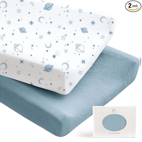 2 Pack Muslin Changing Pad Covers for Boys, Ultra Soft & Breathable Cotton Baby Diaper Changing Table Covers, Neutral Nursery Diaper Changing Pad Sheets (Star,Blue)