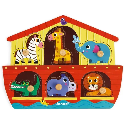 Janod 6 Piece Noah’s Ark Puzzle Themed Wooden Peg Colorful Jigsaw Puzzle - Encourages Shape Recognition, Dexterity, and Language Development - Preschool Kids and Toddlers 18 Months+