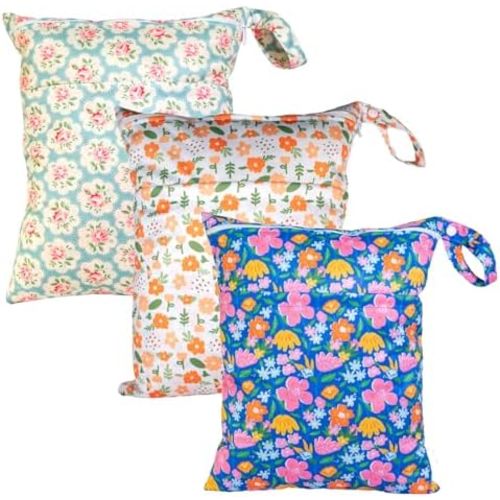 Wet Dry Bag Reusable Waterproof Swimming Bag Travel Beach Pool Yoga Gym Bag for Baby Cloth Diaper Swimsuits Wet Clothes Two Zipper Pockets 3 Pack Floral 3L09