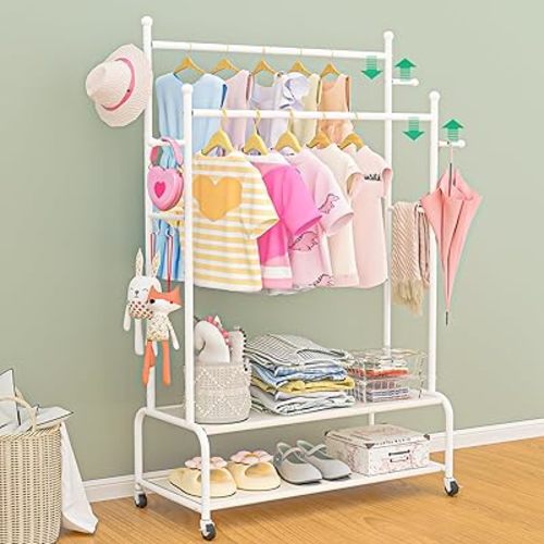 Adjustable Double Rods Kids Clothing Rack with Wheels, Large Dress Up Holder with 2 Bottom Storage Shelves, Solid Metal Closet for Hanging Clothes, Rolling Wardrobe Closet, Great for Growing Kids