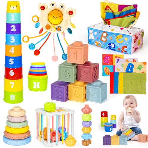 GJOF2YK 6 in 1 Montessori Toys for Babies Newborn Stacking Block Soft Infant Ring Shape Learning Sensory Bin Pull String Teething Toy Tissue Box for Toddlers 18M+ 2 3 Year Old Boy Girl Gift