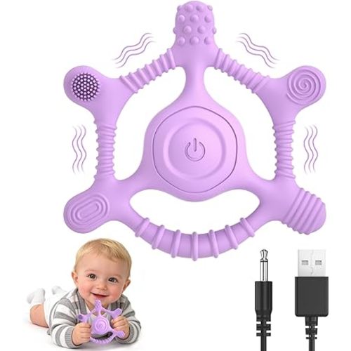 Vibrating Teether for Baby, Sensory Toys for Kids with Autism & Teething Relief for Babies 6-18 Months, USB Chargeable with 3 Vibration Settings, Autism Sensory Products (Purple)