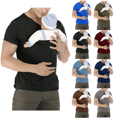 OIOLOYJM Kangaroo Shirt for Dad and Baby Mens V Neck Short Sleeve Baby Carrier T-Shirt Casual Soft Breathable Tops with Pockets Black L