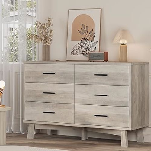 Dresser for Bedroom, 6 Drawer Wide Modern Chest of Drawers with X-Shaped Sturdy Base, Wood Double Dresser Closet Clothes Storage Organizer, Wooden TV Stand for Living Room, Hallway, Grey