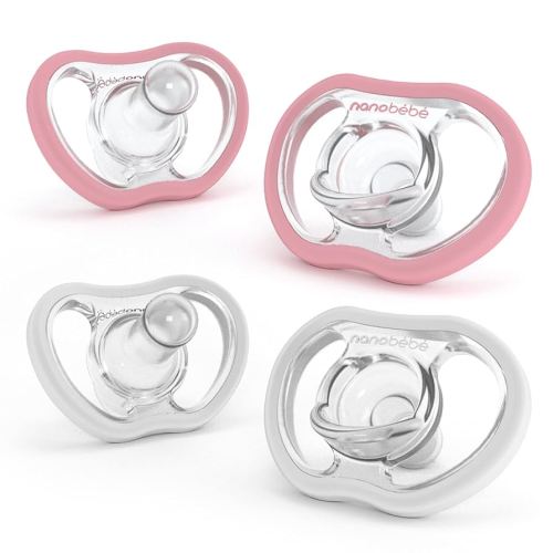 Nanobebe Active Baby Pacifiers 4-36 Months - Orthodontic, Lightweight and Vented, Curves Comfortably with Face Contour, 100% Silicone - BPA Free, Perfect Baby Registry Gift 4pk, White/Pink