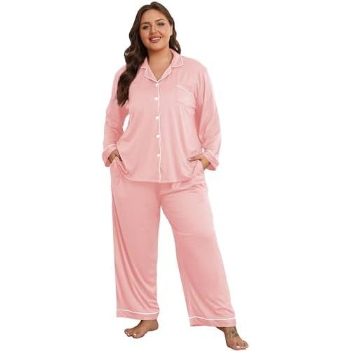Vozanet Women's Plus Size Pajama Set Button Down Long Sleeve and Pants Lounge Sets with Drawstring and Pockets Sleepwear