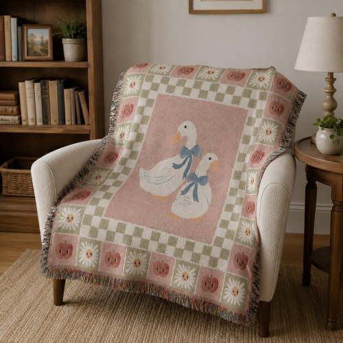 Pink Geese, Daisies and Checkerboard Woven Blanket, 100% Cotton