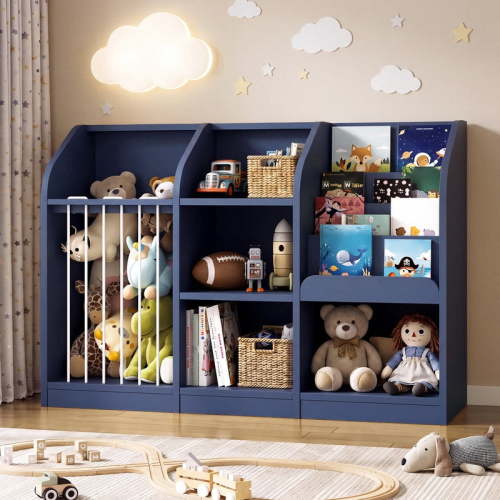 ROGALIS 3-in-1 Toy Storage Organizer, Stuffed Animal Storage with 4 Open Cubbies, Kids Montessori Low Cabinet Bookshelf, Toddler Kids Bookcase for Playroom Kids Room Nursery Classroom，Navy Blue