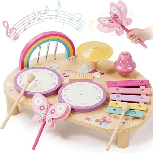 Lehoo Castle Toddler Drum Set Wooden, Unicorn Montessori Toys for Girls