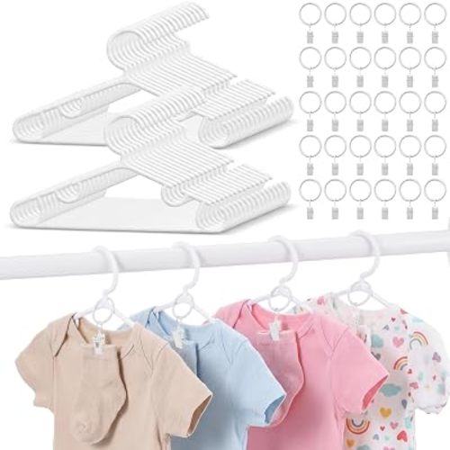 30 Packs Baby Hangers with Clips for Pants, Baby Clothes Hangers with Clips, Plastic Toddler Hanger with Metal Rings, Infant Closet Organizer, White