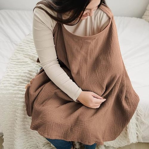 Nursing Cover for Baby Breastfeeding, Muslin Breathable Breastfeeding Cover with Hoop,Multi-use Carseat Canopy,Adjustable Mother Nursing Apron (Coffee)