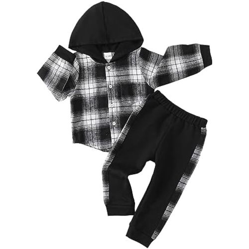 Toddler Baby Boy Clothes Long Sleeve Hoodie Plaid Flannel Shirt and Pants Set Fall Winter Outfits