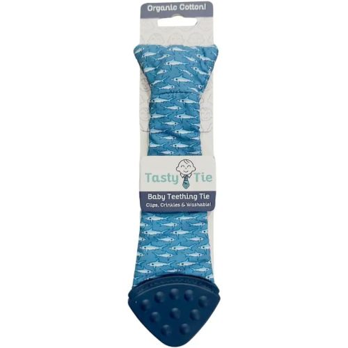 Tasty Tie Teething Tie, 3-in-1 Clip-on Baby Tie, Crinkle Toy & Silicone Teether for 3-6-9-12-18 Month Babies, Unique Baby Boy Gift or Stocking Stuffer, Shark Style