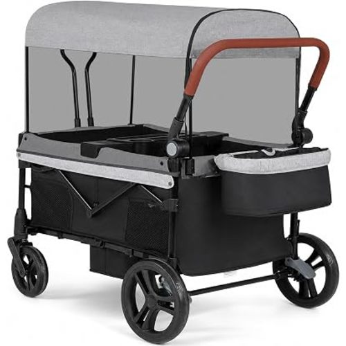 ELEMARA 4 Seater Wagon Stroller for Kids, Foldable Collapsible Wagon with Canopy & Mosquito Net, 200 Lbs Capacity Push Pull Wagon, All Terrain Camping Stroller for 4 Kids with Storage Basket &Tray