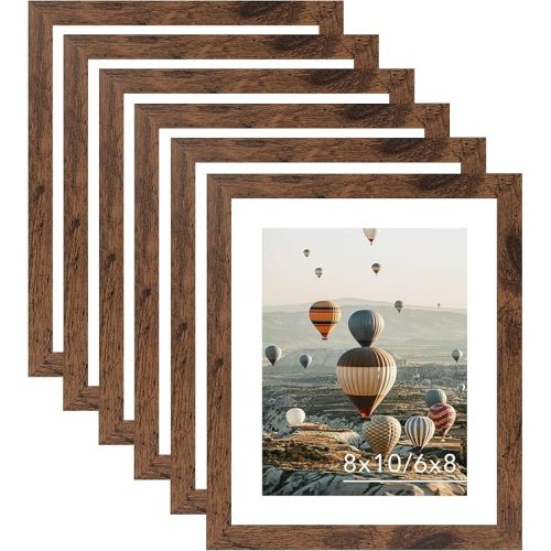 8x10 Picture Frame Set of 6 for Wall Hanging or Tabletop, Display 6 x 8 with Mat or 8 x 10 without Mat, Wood Photo Frames Bulk for 8 by 10 Photo, 6 Pack, Deep Brown