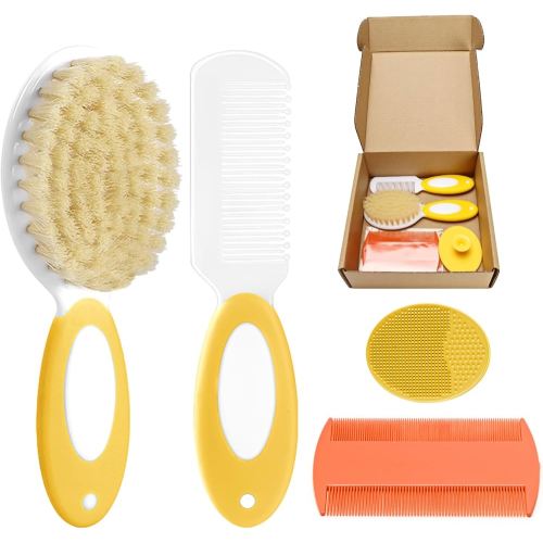 Baby Hair Brush and Comb Set, 4Pcs Baby Soft Bristles hairbrush Cradle Cap Brush Hair Comb for Newborns Toddlers Boys Girls (Yellow)