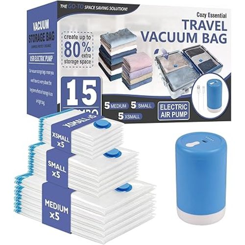 15 Pack Travel Vacuum Storage Bags with Rechargeable Wireless Electric Pump for Luggage, Suitcase, Carry-on Size Vacuum Seal Compression Space Saver Bags for Clothes and Clothing Travel