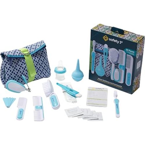 Safety 1st Deluxe Healthcare & Grooming Kit – Baby Essentials Set with 3-in-1 Thermometer, Nasal Aspirator, Nail Clippers, Medicine Dispenser, Brush & Comb, and More - Arctic Blue