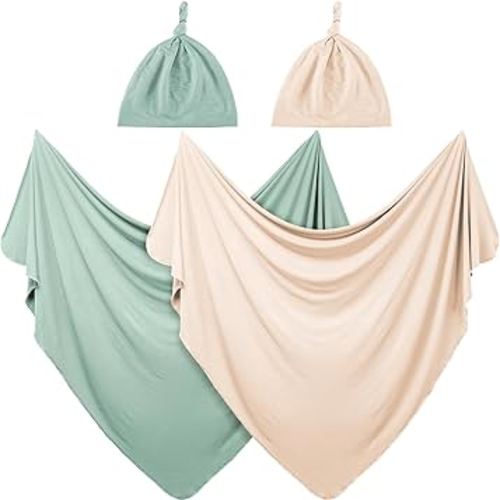 JaGely 2 Pack Baby Newborn Swaddle Blanket and Hat Set 47" x 47" Large Stretchy Receiving Blankets Set for Newborn Baby(Green, Apricot)