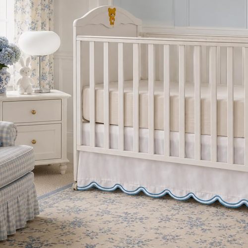 Brandream 100% Organic Cotton Crib Skirt for Baby Boy & Girl, Embroidered Blue Scalloped Edge Crib Dust Ruffle, Soft Breathable Nursery Bedding Decoration, Fits Standard Cribs & Toddler Bed, 16" Drop
