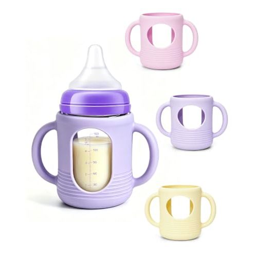 3 Pack Silicone Sleeves for Lansinoh & Pigeon Glass Baby Bottles, 5 Ounces | Baby Bottle Sleeves with Handles, BPA-Free, Drop-Resistant, Thermal Insulation (Pink / Lavender / Cream Yellow)