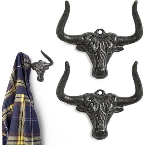 Cast Iron Hooks Wall Mount 2 Pack Outdoor Western Decorative Wall Hooks Heavy Duty Towel Hooks for Bathroom Entryway Closet Cow Bull Animal Hooks Wall Decor, Antique Rust