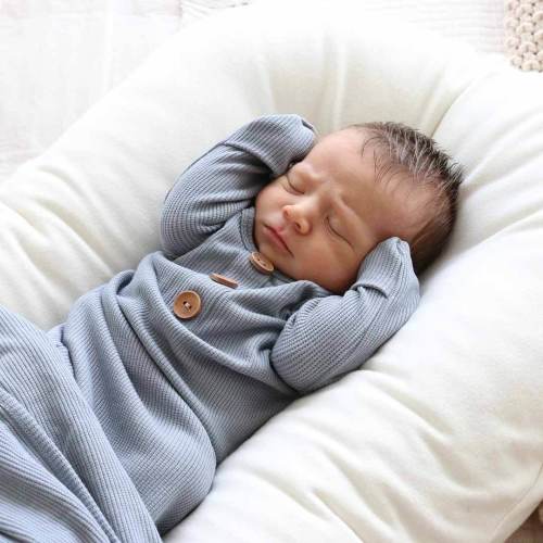 Dusty Denim Bamboo Waffle Newborn Baby Knot Gown & Hat Set