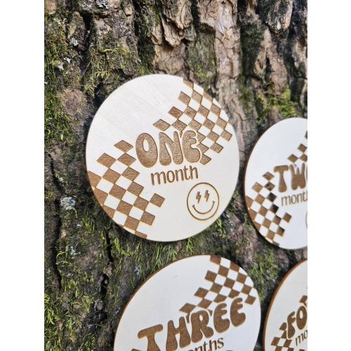 Skater Boy Girl Baby Milestones | One Rad Groovy Engraved Wood Months | Retro Checkered Cute Baby Announcement