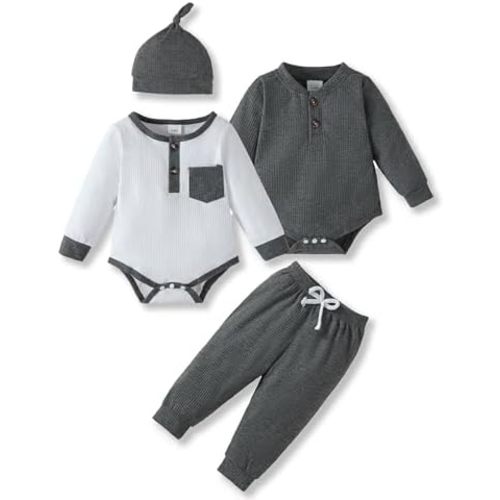 NZRVAWS Newborn Baby Boy Girl Clothes Stripe Romper Pants Hat Boys Outift 2-Pack Infant Clothing Set 4 Pieces 0-18M