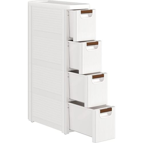VECELO 4-Drawer Narrow Bathroom Storage Cabinet, Mobile Plastic Slim Rolling Organizer Cart with Built-in 4 Wheels for Living Room, Kitchen, Bathroom, Bedroom, Office, White(16.5" x 7.5" x 28.9")