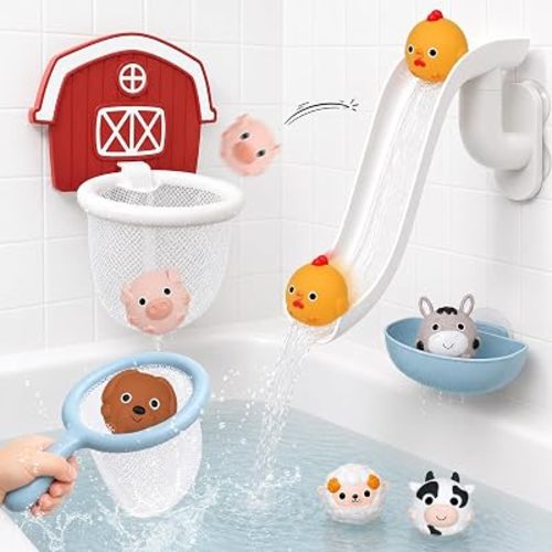 No-Hole Bath Toys for Kids 1-3, Farm Animal Bathtub Toy with Slide