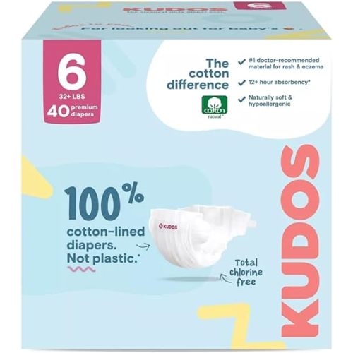 Kudos Size 6 Cotton-Lined Disposable Baby Diapers, 40 Count, Ultra Absorbent Baby Diapers, Soft Comfort, Gentle Materials, Secure Fit for Sensitive Skin