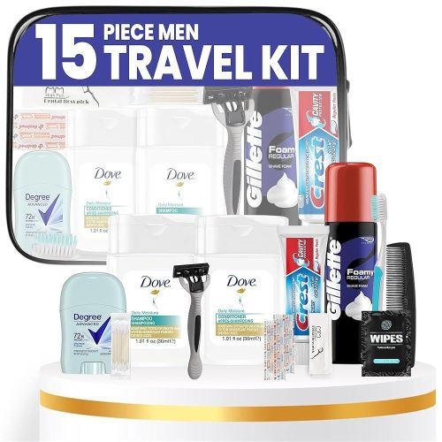 Trektote Travel Toiletry Kit For Men – 15 Piece Set of Premium Travel Size Toiletries, TSA Compliant Travel Essentials, Includes Shampoo And Conditioner, Body Wash, Shave Cream, Toiletry Bag & More