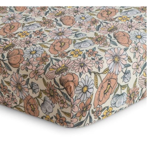 mushie Extra Soft Muslin Fitted Crib Sheet | 192 Thread Count | 28"x 52" (Retro Flowers)