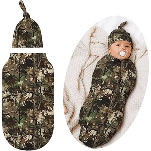 Camo Swaddle Blankets Newborn Receiving Blanket Baby Swaddle Wrap with Hat, Hunting Soft Sleeping Clothes for Baby Girls Boys