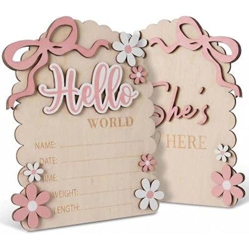 Hello World Baby Sign, Double-Sided Wooden Baby Announcement Sign, Pink Bow Newborn Birth Plaque for Photo Props Nursery Keepsake Shower Gift