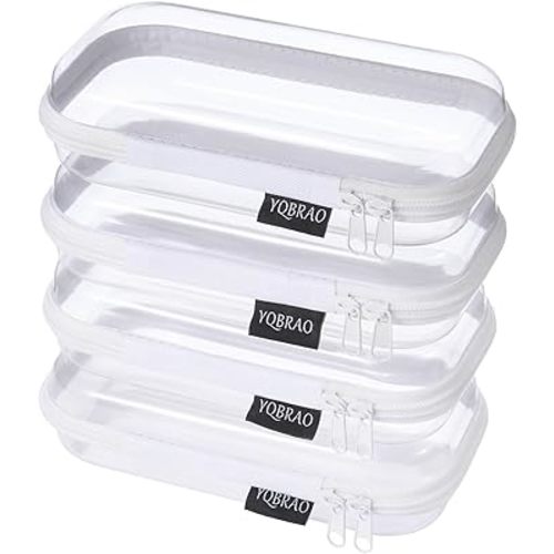 4 Pack Clear Hard Shell Zipper Case, See-Through Hard Plastic Organizer Pouches with Zipper for Travel, Toiletries, Makeup, Electronics & Pencils - Crush-Resistant Storage (S White)